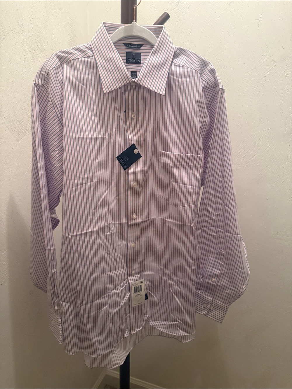 Chaps Men’s Pink, Blue, and White Pinstripe Dress Shirt